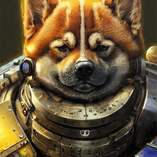 Image similar to wearing warhammer 4 0 0 0 0 emperor armor realistic anthropomorphic shiba inu scifi cyberpunk, visible face closeup portrait art by donato giancola and greg rutkowski, vintage retro scifi, realistic face, digital art, trending on artstation, symmetry