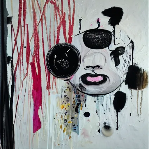 Image similar to “ a portrait in a female art student ’ s apartment, sensual, a pig theme, art supplies, paint tubes, ikebana, herbs, a candle dripping white wax, black walls, squashed berries, berry juice drips, acrylic and spray paint and oilstick on canvas, surrealism, neoexpressionism ”