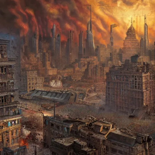 Prompt: a nuclear blast in the center of a city, realistic, massive destruction, extremely detailed digital painting, highly detailed, 1 9 2 0's colored pencil art style, deep aesthetic, 8 k, highly ornate intricate details, cinematic lighting, rich colors, digital artwork, ray tracing, hyperrealistic, photorealistic, cinematic landscape, trending on artstation,