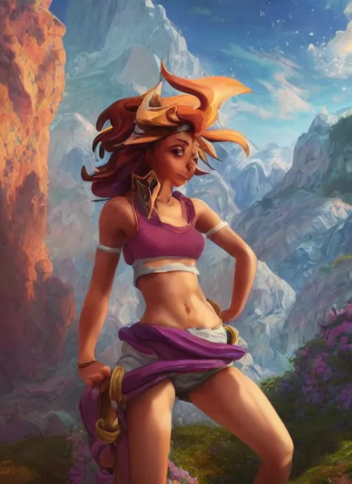 Image similar to joyful taliyah, from league of legends, au naturel, with abs, rock climbing, hyper detailed, mountain background, digital art, trending in artstation, cinematic lighting, studio quality, smooth render, unreal engine 5 rendered, octane rendered, art style by klimt and nixeu and ian sprigger and wlop and krenz cushart