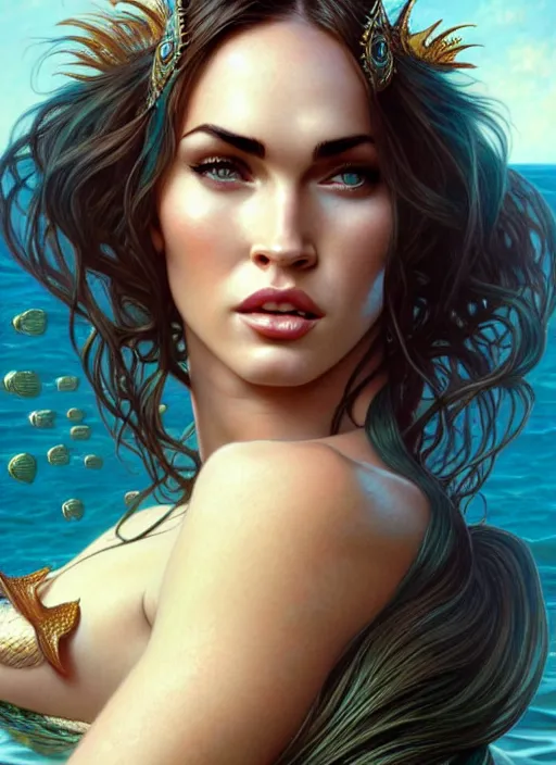 Image similar to portrait of megan fox as mermaid, fishtail, ocean, seashells, intricate, headshot, highly detailed, digital painting, artstation, concept art, sharp focus, cinematic lighting, illustration, art by artgerm and greg rutkowski, alphonse mucha, cgsociety