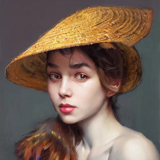 Image similar to A portrait of a sincere-looking girl, oil on canvas, wearing a hat made by wires ,masterpiece, hi-fructose, artgerm , Norman rockwell, craig mullins, n, trending on pxiv, highly detailed face, clear eyes concept art, hdri, 4k-