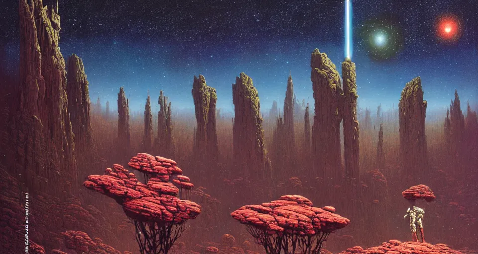 Image similar to a large mech suit flying through a rocky forest valley, underneath a star filled night sky, harold newton, zdzislaw beksinski, donato giancola, warm coloured, gigantic pillars and flowers, maschinen krieger, beeple, star trek, star wars, film, atmospheric perspective