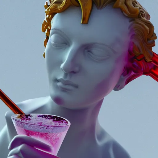 Image similar to close - up of white reneissance statue holding a coctail, colorful coctail, digital painting, 3 d render