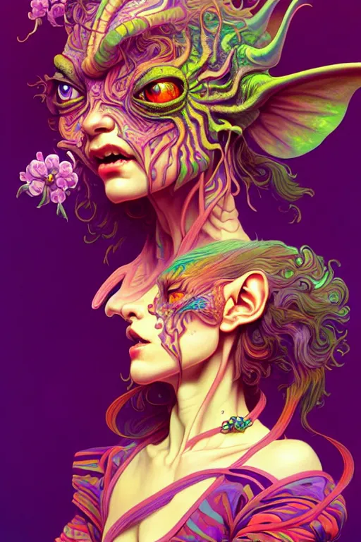 Image similar to beautiful psychedelic goblin, highly detailed, digital painting, artstation, sharp focus, illustration, art by tan zi and ayanamikodon and alphonse mucha and wlop