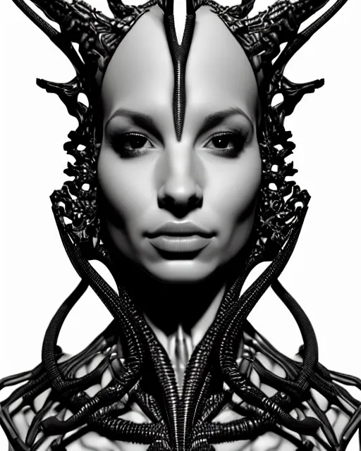 Image similar to a black and white 3D render of a young beautiful female queen-dragon-cyborg bust with a very long neck and a partial Mandelbrot fractal face, anatomical, flesh, facial muscles, veins, arteries, elegant, highly detailed, flesh highly ornate, cable wires, elegant, high fashion, rim light, octane render, in the style of H.R. Giger, Realistic, Refined, Digital Art, Highly Detailed, Cinematic Lighting, rim light, black and white, photo-realistic, 8K