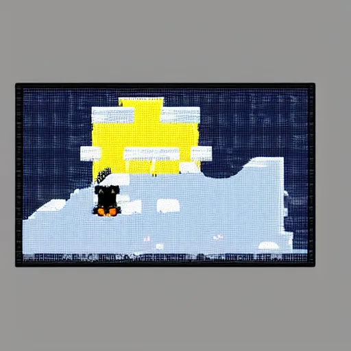 Image similar to arctic landscape, 8 bit pixel art, penguin, hut