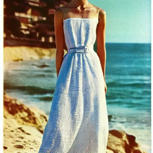 Prompt: 1 9 8 5 italia vogue magazine photo of a dress with cotton set, christian dior style, mediterranean beach background