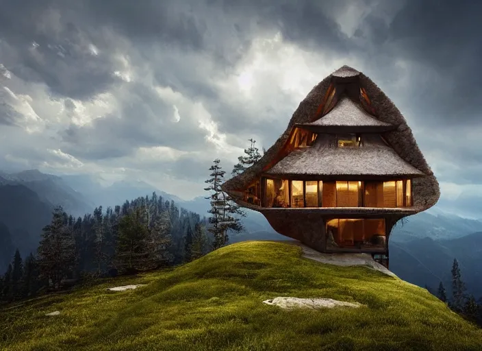 Prompt: a house built on top of a mountain, by ivan fedorovich, by ernesto strigelly choultse, cinematic lighting