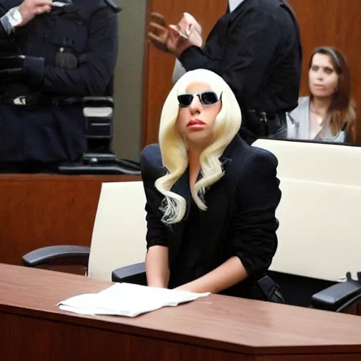 Image similar to lady gaga in the witness stand of a courtroom pointing at the hamburgler who is sitting at the defendant ’ s table