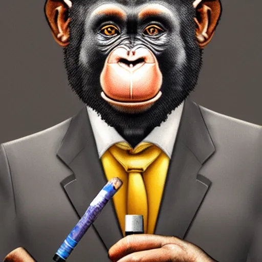 Image similar to a high detail photo of an antropomorphic chimp wearing a suit smoking a cigarrette, subject= chimp, subject detail: wearing a suit, subject action: smoking a cigarrette photorealism