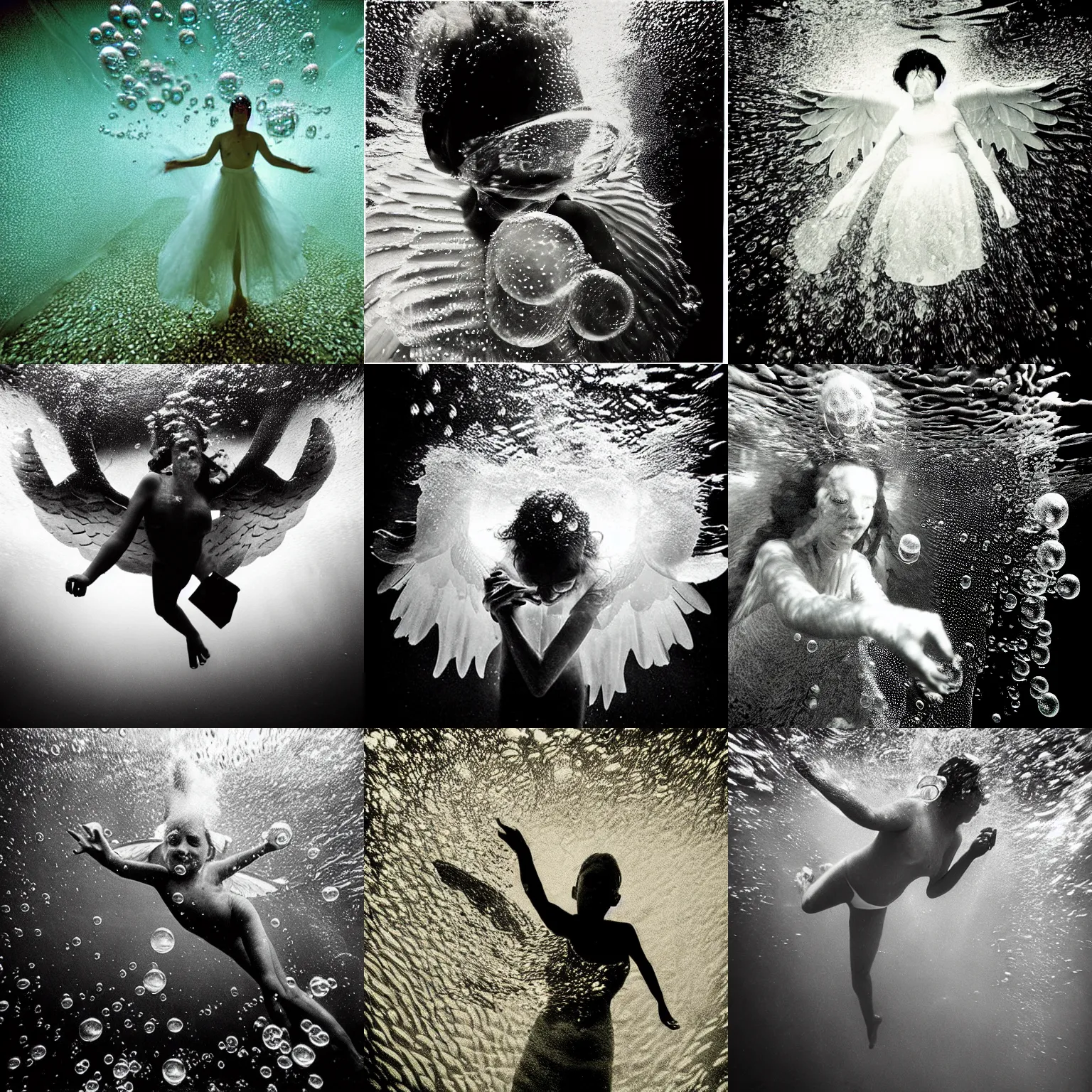 Prompt: underwater photo of an angel by trent parke, close up, huge bubbles, metallic patterns, clean, detailed