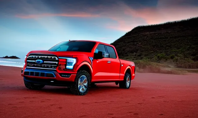 Image similar to Ford F150 Nebula 2022 Truck on a Red Sand Beach, sunset