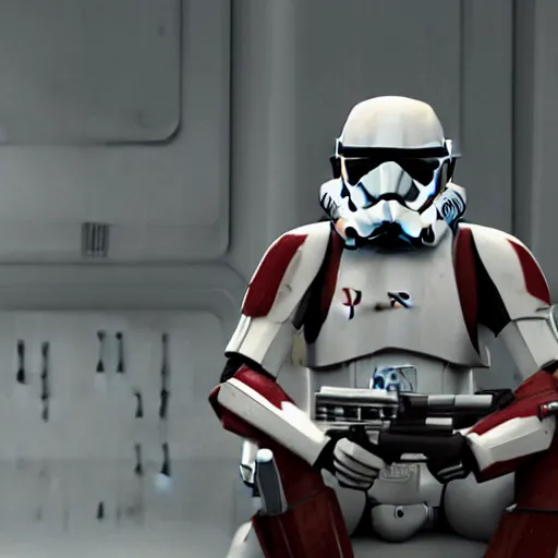 Prompt: star wars clone trooper, sitting on crate in Kamino, in the rain, detailed, incredible, 4k, photorealistic