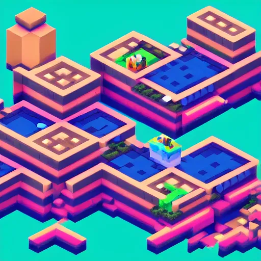 Image similar to isometric pixel art, soft lighting, pixel town, Habbo hotel style, Minecraft-like, blocks, pixels, videogame, building blocks, ultra detailed