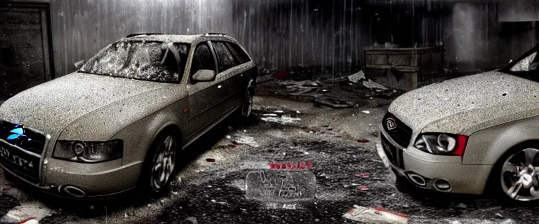 Image similar to Audi A4 B6 Avant (2002), a gritty neo-noir, dramatic lighting, cinematic, eerie person, death, homicide, homicide in the snow, viscera splattered, gunshots, bullet holes, establishing shot, extremely high detail, cracked windows, photorealistic, arson, makeshift grave, burial site, cinematic lighting, artstation, by simon stalenhag, Max Payne (PC) (2001) winter New York at night, In the style of Max Payne 1 graphic novel, flashing lights, Poets of the Fall - Late Goodbye