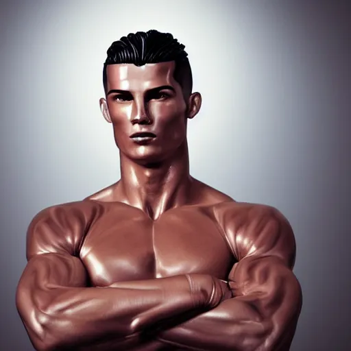 Image similar to a realistic detailed photo of a guy who is an attractive humanoid who is half robot and half humanoid, who is a male android, soccer player cristiano ronaldo, shiny skin, posing like a statue, blank stare, in a living room, on display, showing off his muscles