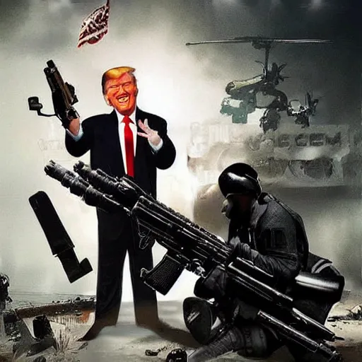 Image similar to Donald Trump holding the death machine minigun from call of duty