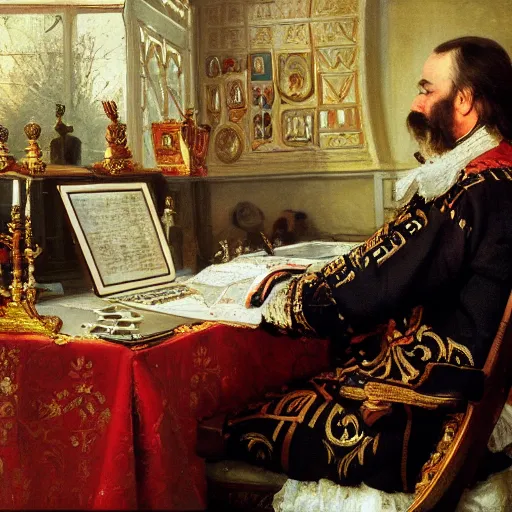 Prompt: russian tsar Peter The Great 18th century reinstalls operatins system on desktop computer by vasnetsov and surikov serov, JEAN-VICTOR BERTIN, by Terence Cuneo, detailed, artfully traced, 4k resolution, cinematic, dramatic