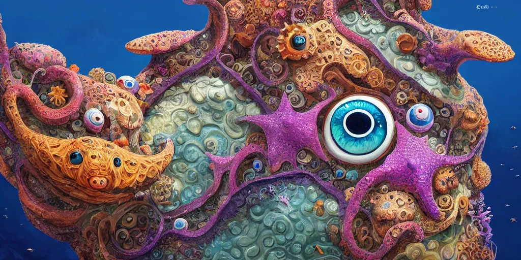 Image similar to of an intricate sea reef with strange cute friendly happy creatures with huge eyes, mouth, long tongue, round teeth and goofy face, appearing from the background, in the style of gehry and gaudi, macro lens, shallow depth of field, ultra detailed, digital painting, trending artstation, concept art, illustration, cinematic lighting, photorealism, epic, octane render