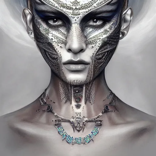 Image similar to a robotic goddess, tattoo face, jewelry skin, highly detailed, digital painting, smooth, sharp, beautiful face, expressive eyes, highly intricate, art by greg rutkowski and alex gray