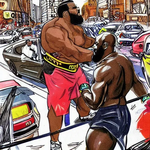 Prompt: mr. t fighting kimbo slice in city street traffic, intricate complexity, extremely detailed, very sharp,