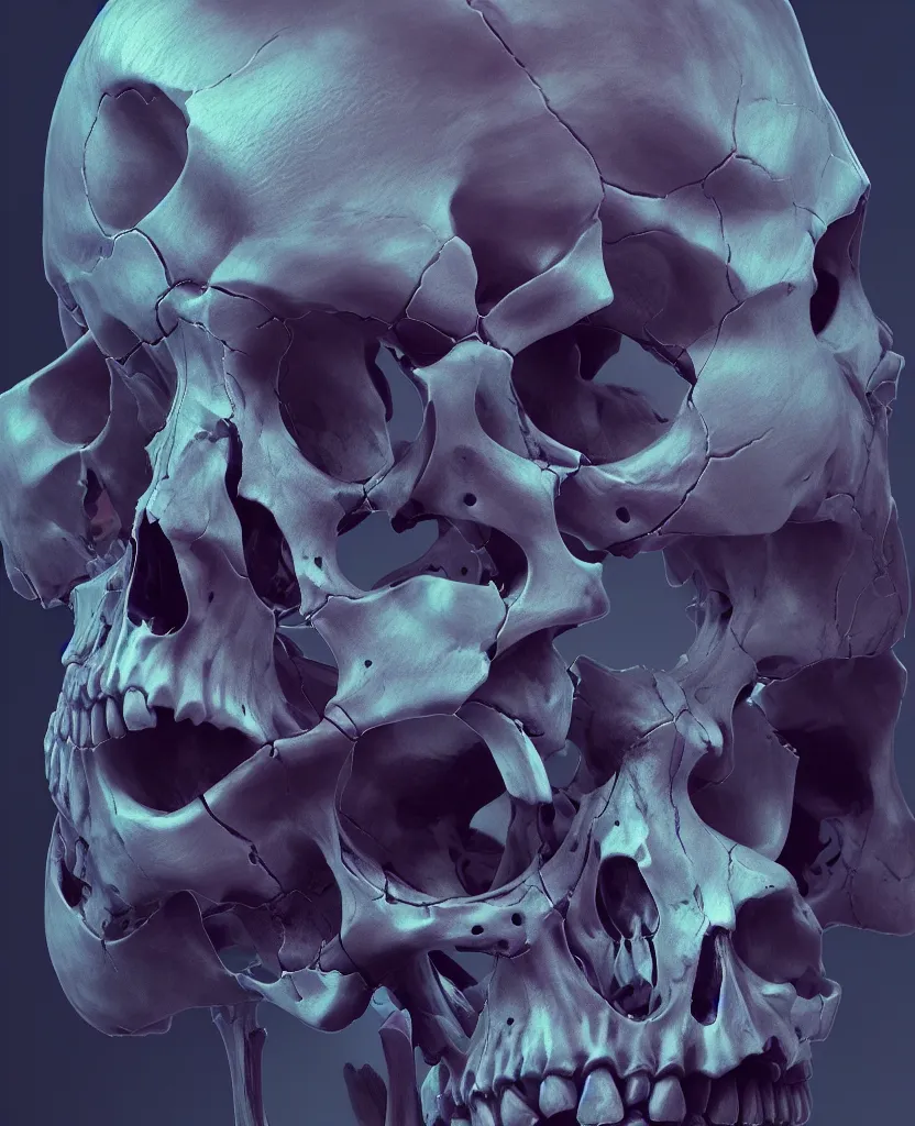 Image similar to composition of human skulls, animals skulls, bones, rib-cage and orchids, bioluminiscent, by Tooth Wu and wlop and beeple. octane render, trending on artstation, greg rutkowski very coherent symmetrical artwork. cinematic, hyper realism, high detail, octane render, 8k