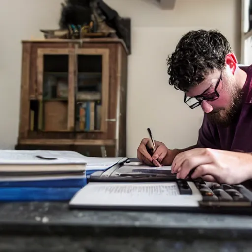 Prompt: Ethan Smith writing his next guide, (EOS 5DS R, ISO100, f/8, 1/125, 84mm, RAW, postprocessed, facial features)