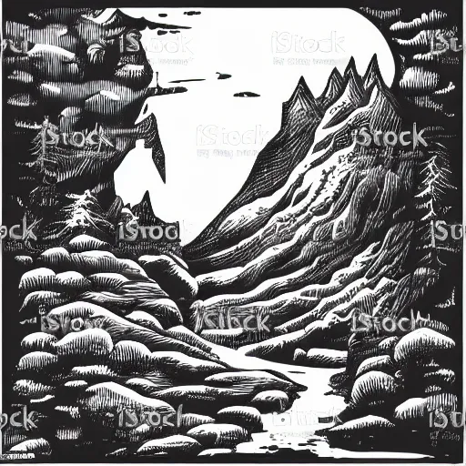 Prompt: impressive fantasy landscape, beautiful line art, pure b & w, etching illustration, square sticker vector art