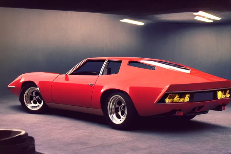 Image similar to designed by giorgetto giugiaro stylized poser of a single 1 9 7 3 miura chevelle, thick neon lights, ektachrome photograph, volumetric lighting, f 8 aperture, cinematic eastman 5 3 8 4 film