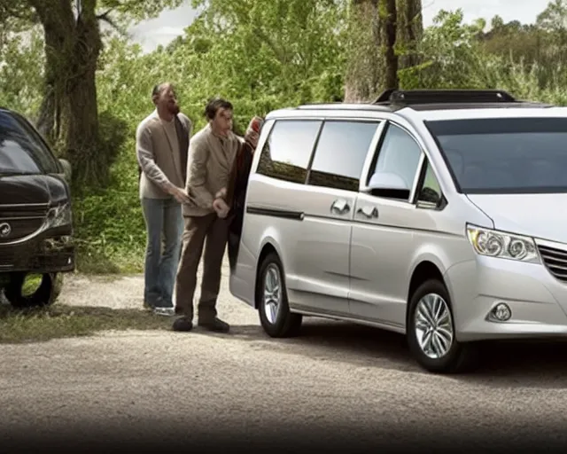 Image similar to tv commercial still, the most practical minivan in america, caption 'new low price, blarg fargle', cdx