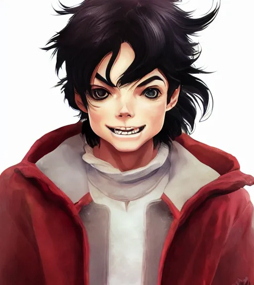 Image similar to attractive little boy character inspired in little red riding hood and michael jackson, digital artwork made by akihiko yoshida and makoto shinkai, anatomically correct, symmetrical, highly detailed, sharp focus, extremely coherent