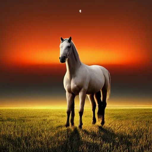 Prompt: realistic photograph of a horse standing in a field with Saturn in the sky, sunset lighting, high quality