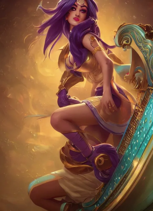 Image similar to sona, from league of legends, with an harp, hyper detailed, digital art, trending in artstation, cinematic lighting, studio quality, smooth render, unreal engine 5 rendered, octane rendered, art style by klimt and nixeu and ian sprigger and wlop and krenz cushart