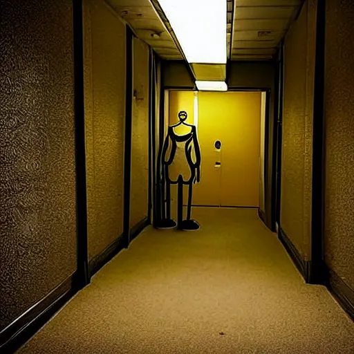 Prompt: a figure at the end of a creepy office hallway. craiglist photo.