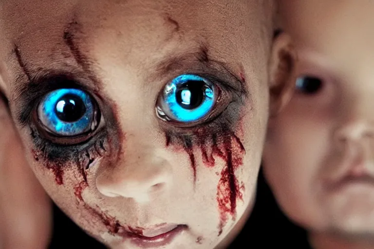 Image similar to evil kids with black alien eyes, creepy, demonic