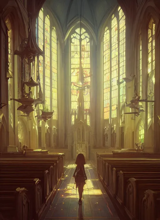 Prompt: highly detailed church, stephen bliss, unreal engine, greg rutkowski, loish, rhads, beeple, makoto shinkai and lois van baarle, ilya kuvshinov, rossdraws, tom bagshaw, alphonse mucha, global illumination, radiant light, detailed and intricate environment