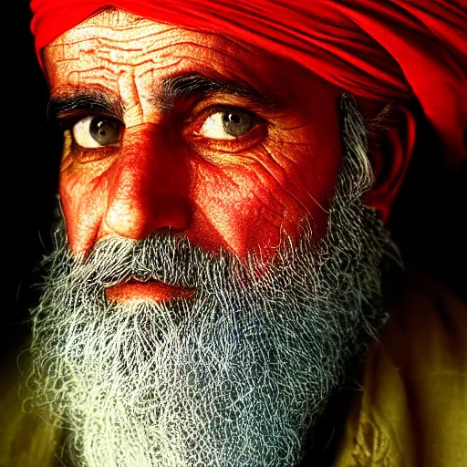 Image similar to portrait of john adams as afghan man, green eyes and red scarf looking intently, photograph by steve mccurry