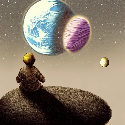 Prompt: Drawing. A beatiful illustration of a planet with two moons in the background. In the foreground, there is a woman wearing a spacesuit and holding a phaser. She is standing on a rocky surface, and there is a ship in the distance. pencil sketch by Steve Argyle, by Mark Ryden composed, lines