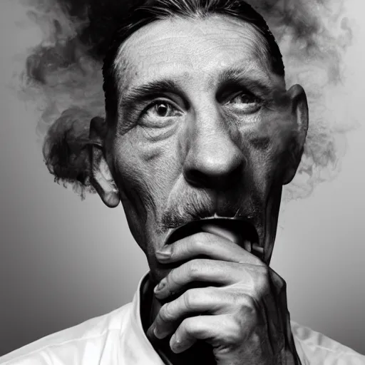 Image similar to annie liebowitz photo of a man who's head is turning into a puff of smoke