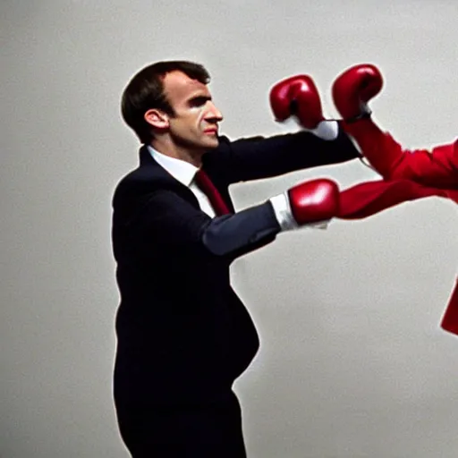 Image similar to Emmanuel Macron boxing Vladimir Putin in American Psycho (1999)