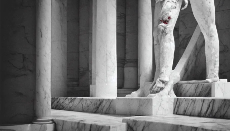 Image similar to 1 9 6 0 s movie still close - up of caligula in a white toga bleeding to death on marble stairs, cinestill 8 0 0 t 3 5 mm, high quality, heavy grain, high detail, dramatic light, anamorphic