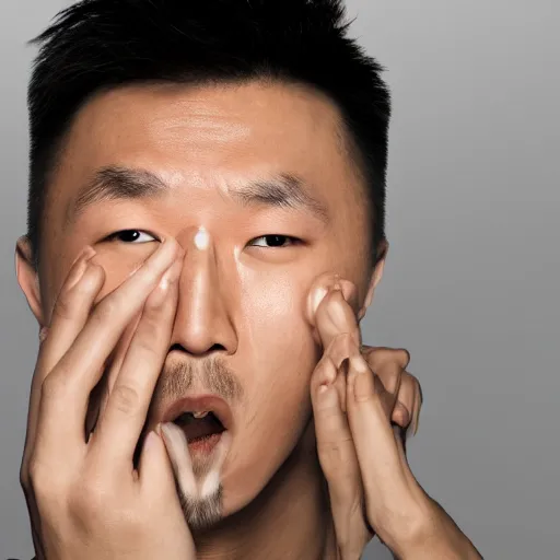 Image similar to an award winning cinematic still of surprised Justin Sun with extremely long wooden nose with leaf, 16k hyper realistic photograph, close-up professional portrait, centered, dramatic lighting