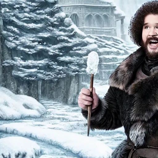 Image similar to bob ross in game of thrones screaming at jon snow