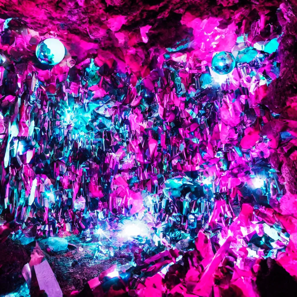 Image similar to goth disco in a cave with pink lasers and blue crystals forming a sphere of knives