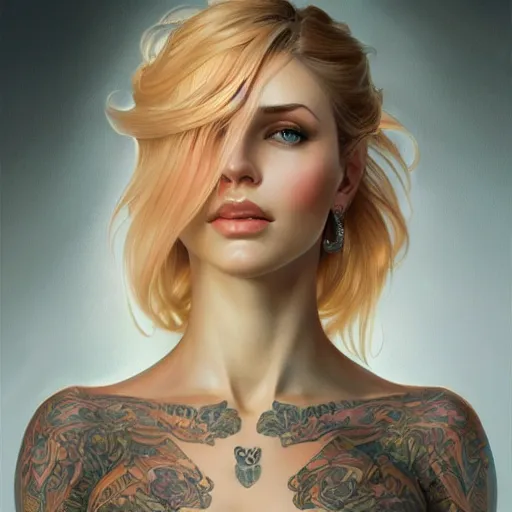 Image similar to ultra realistic illustration, a hot and beautiful tattooed blonde slavic woman in her 3 0's, intricate, elegant, highly detailed, digital painting, artstation, concept art, smooth, sharp focus, illustration, art by artgerm and greg rutkowski and alphonse mucha