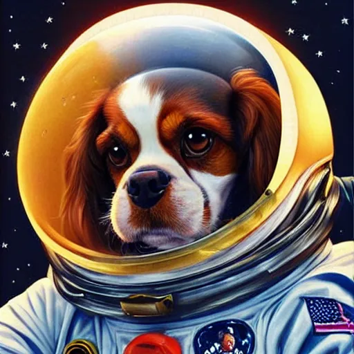 Image similar to cavalier king charles spaniel, wearing an astronaut helmet, on the moon, art by artgerm and david a hardy