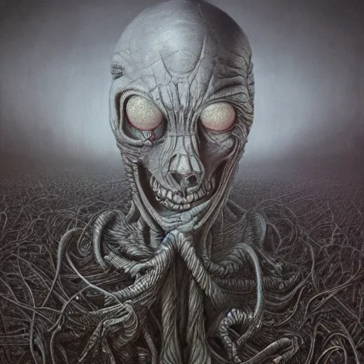 Prompt: insanity by zdzisław beksiński, dariusz zawadzki, jeffrey smith and h.r. giger, oil on canvas, 8k highly professionally detailed, trending on artstation