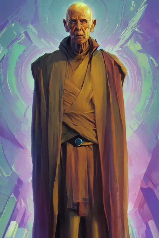 Image similar to symmetry!! a full body sci-fi portrait, oil painting, illustration of an old Jedi, colourful, by Justin Sweet and Greg Rutkowski and Alphones Much