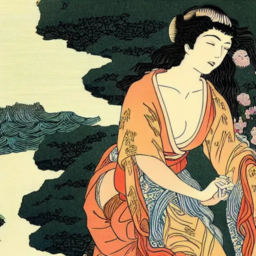 Image similar to Lorde reincarnated as Aphrodite in the style of Hokusai